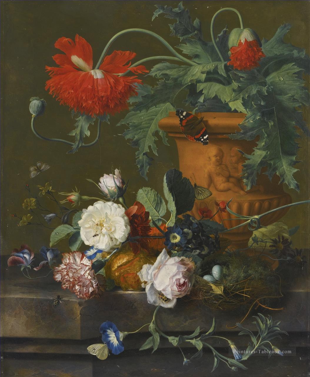 Une nature morte de coquelicots dans un VASE en terre cuite ROSES un oeillet et autres fleurs Jan van Huysum Peintures à l'huile